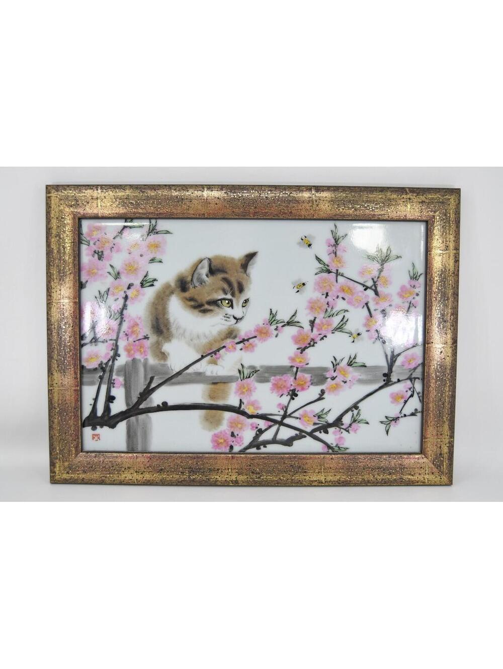 Vintage Cat Kitten Cherry Blossom Bees Japanese Porcelain Tile Wall Art Plaque